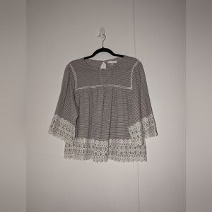 JohnPaulRichard Vintage Brown and White Striped Blouse with Lace